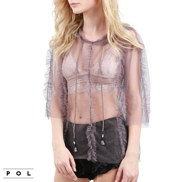 NWT POL Shear Mesh Ruffle Trim Hooded Blouse Top - Picture 1 of 6